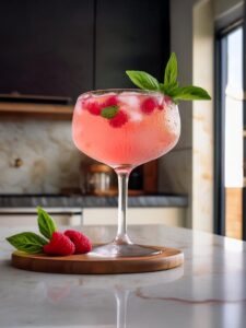 cocktail douceur printanière dans un verre piscine avec des framboises et du basilic