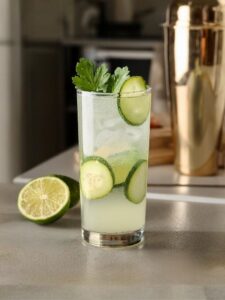 Cocktail HTK Fizz avec tranches de concombre frais et feuille de menthe en décoration, servi dans un verre highball