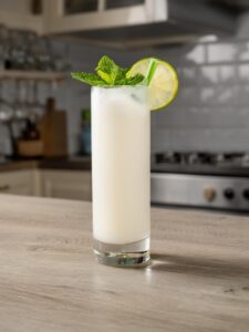 Cocktail mojito colada blanc dans un verre avec glace, menthe fraiche et tranches de citron vert