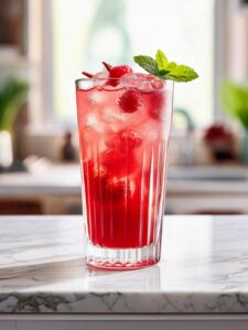 Cocktail Raspberry Flower, couleur rouge rosé, servi dans un long verre avec des glaçons, des framboises et une feuille de menthe