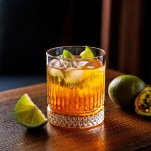 Cocktail à base de whisky et de jus exotiques servi dans un verre décoré avec un zeste de citron