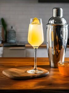 cocktail airwail jaune vif servi dans une flûte avec une rondelle de citron en décoration. Le cocktail est posé sur une table en bois avec un shaker et une cuisine enarrière plan.